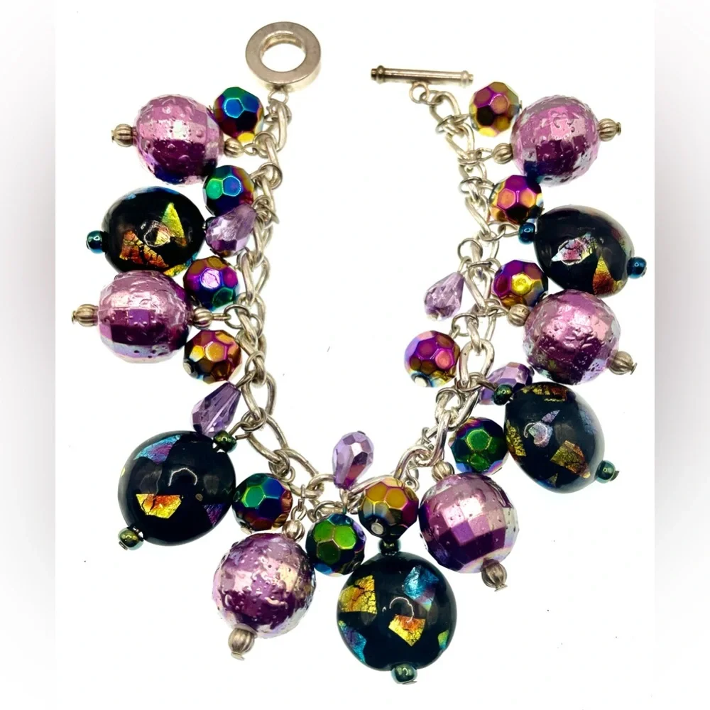 Artisan Silver Tone Chain Bracelet Art Glass and Acrylic Dangling Bead Charms - Picture 1 of 7